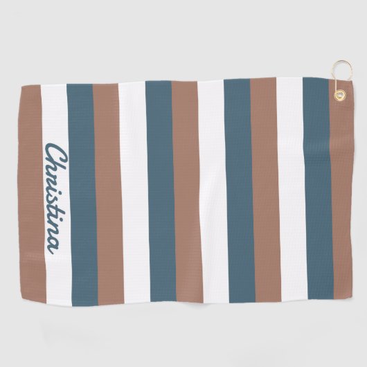 ティール（緑がかった色）パタストライプーンの個人用設定ブラウン白 ゴルフタオル (横)