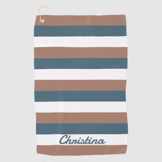 ティール（緑がかった色）パタストライプーンの個人用設定ブラウン白 ゴルフタオル (正面)