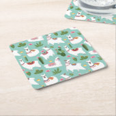 ティール(緑がかった色)パターンのかわいいラマ スクエアペーパーコースター (アングル)