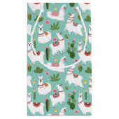 ティール（緑がかった色）パターンのかわいいラマ スモールペーパーバッグ (裏面)