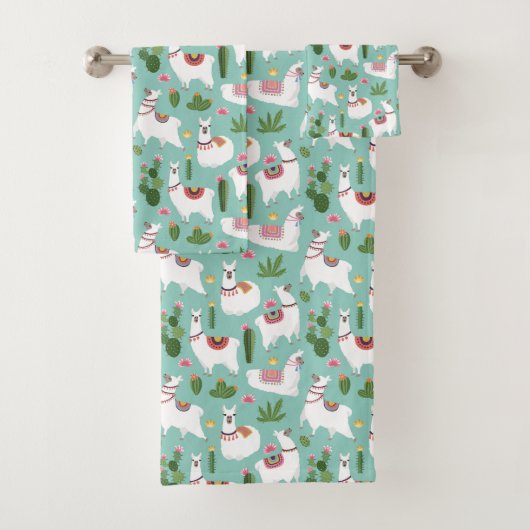 ティール(緑がかった色)パターンのかわいいラマ バスタオルセット (インサイチュ)