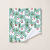 ティール(緑がかった色)パターンのかわいいラマ バスタオルセット (ウォッシュタオル)