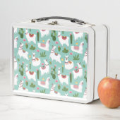 ティール（緑がかった色）パターンのかわいいラマ メタルランチボックス (インサイチュ)