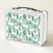 ティール(緑がかった色)パターンのかわいいラマ メタルランチボックス (裏面)