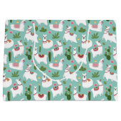 ティール(緑がかった色)パターンのかわいいラマ ラージペーパーバッグ (正面)