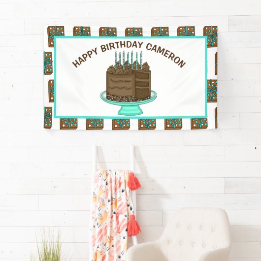 ティール（緑がかった色）パーソナライズされたとブラウンハッピーバースデー 横断幕 (インサイチュ)