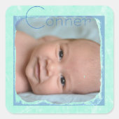 ティール（緑がかった色）パーソナライズされたとブルーベビー写真のシール スクエアシール (正面)