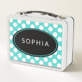 ティール(緑がかった色)パーソナライズされたとホワイト水玉模様弁当箱 メタルランチボックス (裏面)