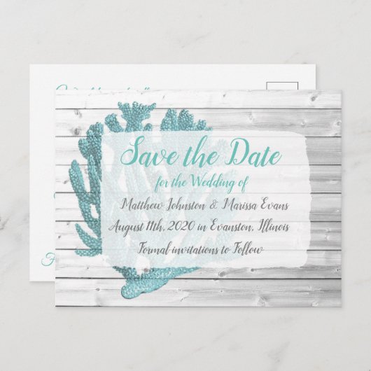 ティール（緑がかった色）パーソナライズされたコーラル日付ポストカードの保存 ポストカード (正面/裏面)