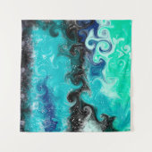 ティール(緑がかった色)パーソナライズされたブルーとブラックの流体アートマーブル タペストリー (正面(横))