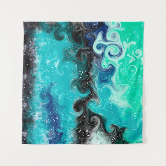 ティール(緑がかった色)パーソナライズされたブルーとブラックの流体アートマーブル タペストリー (正面(横))