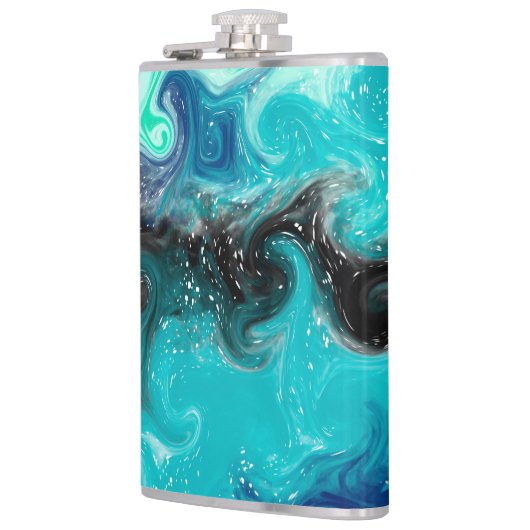 ティール（緑がかった色）パーソナライズされたブルーとブラックの流体アートマーブル フラスク (左)