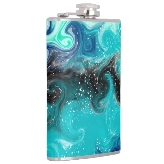ティール（緑がかった色）パーソナライズされたブルーとブラックの流体アートマーブル フラスク (右)