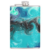 ティール（緑がかった色）パーソナライズされたブルーとブラックの流体アートマーブル フラスク (正面)