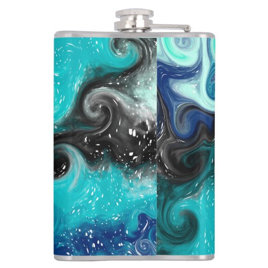 ティール（緑がかった色）パーソナライズされたブルーとブラックの流体アートマーブル フラスク (裏面)