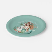 ティール（緑がかった色）パーソナライズされたマーメイドビーチ誕生日招待状 ペーパープレート (アングル)