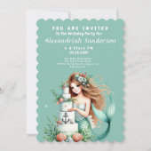 ティール（緑がかった色）パーソナライズされたマーメイドビーチ誕生日招待状 招待状 (正面)