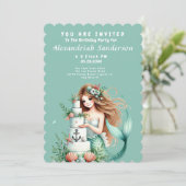 ティール（緑がかった色）パーソナライズされたマーメイドビーチ誕生日招待状 招待状 (スタンド正面)
