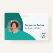 ティール（緑がかった色）パーソナライズされた写真、ロゴ、バーコード従業員 バッジ (正面)