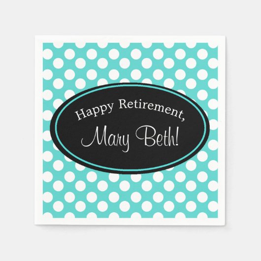 ティール(緑がかった色)パーソナライズされた及びホワイト水玉模様紙ナプキン スタンダードカクテルナプキン (正面)