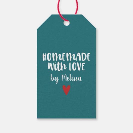 ティール(緑がかった色)パーソナライズされた手作りラブハート ギフトタグ (正面)