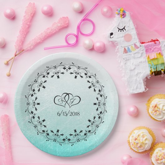 ティール（緑がかった色）パーソナライズされた結婚紙プレート ペーパープレート (パーティー)