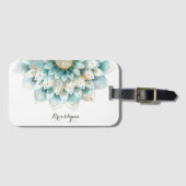 ティール（緑がかった色）パーソナライズされた金ゴールドフローラマンダラ ラゲッジタグ (正面横)