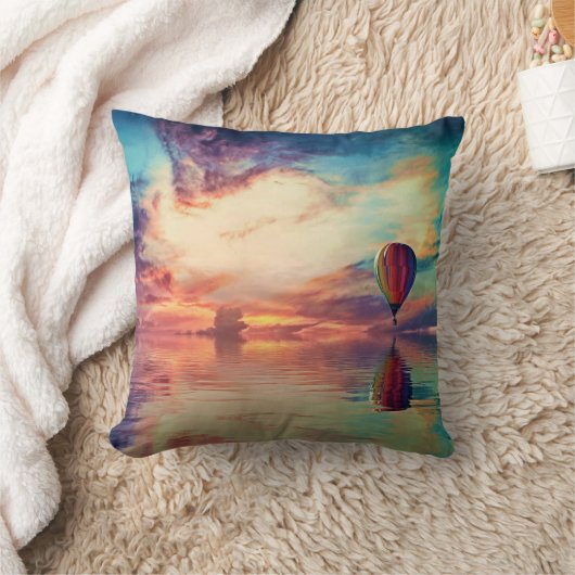 ティール(緑がかった色)パーソナライズされた風光明媚な熱気球サンライズ クッション (ブランケット)