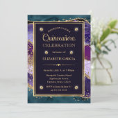 ティール(緑がかった色)、パープルおよび金ゴールドグリッターアゲートキンセアニェラ 招待状 (スタンド正面)