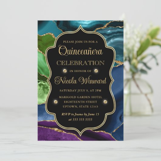 ティール(緑がかった色)、パープルおよび金ゴールドグリッターアゲートキンセアニェラ 招待状 (スタンド正面)