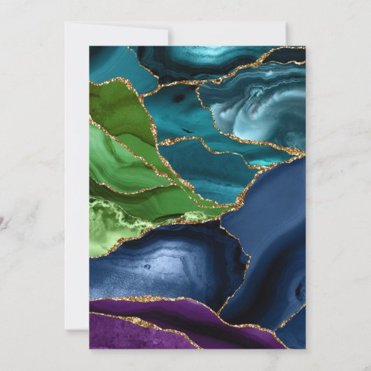 ティール(緑がかった色)、パープルおよび金ゴールドグリッターアゲートキンセアニェラ 招待状 (裏面)