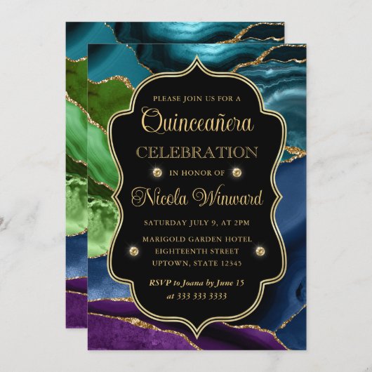 ティール(緑がかった色)、パープルおよび金ゴールドグリッターアゲートキンセアニェラ 招待状 (正面/裏面)