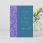 ティール(緑がかった色)パープルたった今結婚しました発表カード 案内状 (スタンド正面)