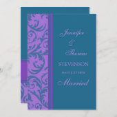ティール(緑がかった色)パープルたった今結婚しました発表カード 案内状 (正面/裏面)