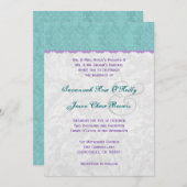 ティール（緑がかった色）パープルとシル結婚バーのテンプレートV01 招待状 (正面/裏面)