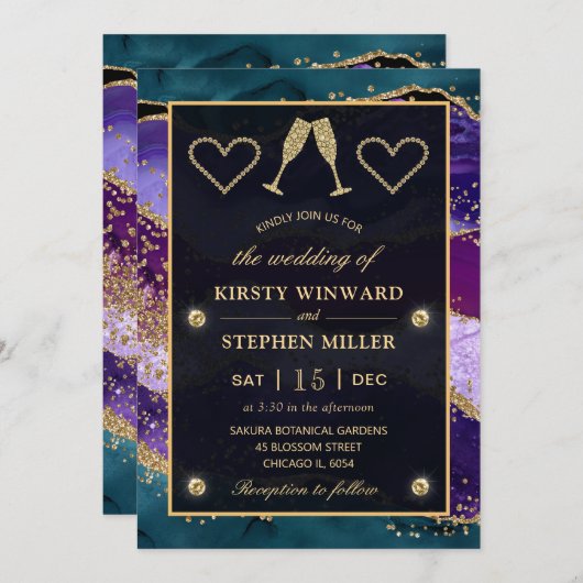 ティール(緑がかった色)、パープルと金ゴールドピーコックアゲート結婚ズ 招待状 (正面/裏面)