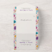 ティール（緑がかった色）パープルイエロー春メドウフラワー結婚ズ オールインワン招待状 (外側)