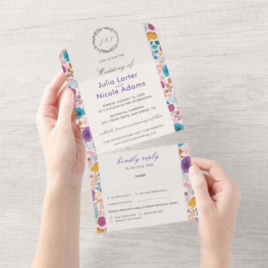 ティール（緑がかった色）パープルイエロー春メドウフラワー結婚ズ オールインワン招待状 (貼ってはがせる)