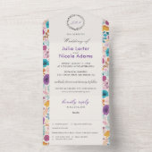 ティール（緑がかった色）パープルイエロー春メドウフラワー結婚ズ オールインワン招待状 (内側)
