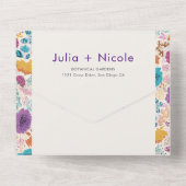 ティール（緑がかった色）パープルイエロー春メドウフラワー結婚ズ オールインワン招待状 (裏面)