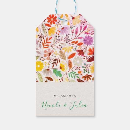 ティール（緑がかった色）パープルイエロー春メドウフラワー結婚ズ ギフトタグ (裏面)