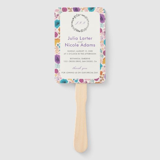 ティール（緑がかった色）パープルイエロー春メドウフラワー結婚ズ ハンドファン (正面)