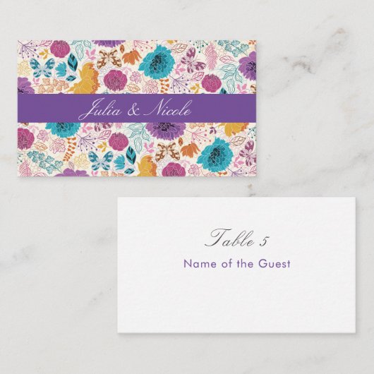 ティール（緑がかった色）パープルイエロー春メドウフラワー結婚ズ プレイスカード (正面/裏面)
