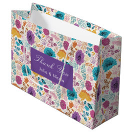 ティール（緑がかった色）パープルイエロー春メドウフラワー結婚ズ ラージペーパーバッグ