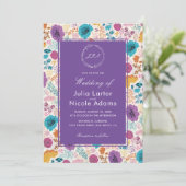 ティール（緑がかった色）パープルイエロー春メドウフラワー結婚ズ 招待状 (スタンド正面)