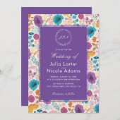 ティール（緑がかった色）パープルイエロー春メドウフラワー結婚ズ 招待状 (正面/裏面)