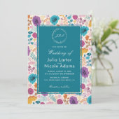 ティール（緑がかった色）パープルイエロー春メドウフラワー結婚ズ 招待状 (スタンド正面)