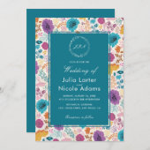 ティール（緑がかった色）パープルイエロー春メドウフラワー結婚ズ 招待状 (正面/裏面)