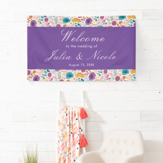 ティール（緑がかった色）パープルイエロー春メドウフラワー結婚ズ 横断幕 (インサイチュ)