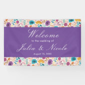 ティール（緑がかった色）パープルイエロー春メドウフラワー結婚ズ 横断幕 (横)